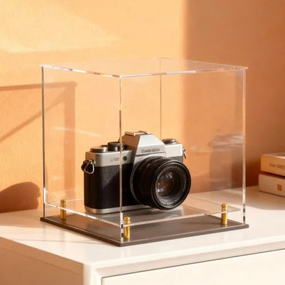 Acrylic Display Case for Collectibles, Dustproof Acrylic Box with Clear Display Elevation & Gold Risers, Large Display Case for Figures Toys Memorabilia, 9" L x 9" W x 9" H - size: 9"L x 9"W x 9"H