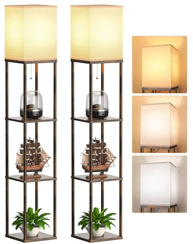 PARTPHONER Floor Lamp with Shelves for Living Room 2 Pack, Shelf Floor Lamp with 3 CCT LED Bulb, Corner Display Standing Column Lamp Etagere Organizer Tower Nightstand for Bedroom, Rustic Brown - color: Rustic Brown