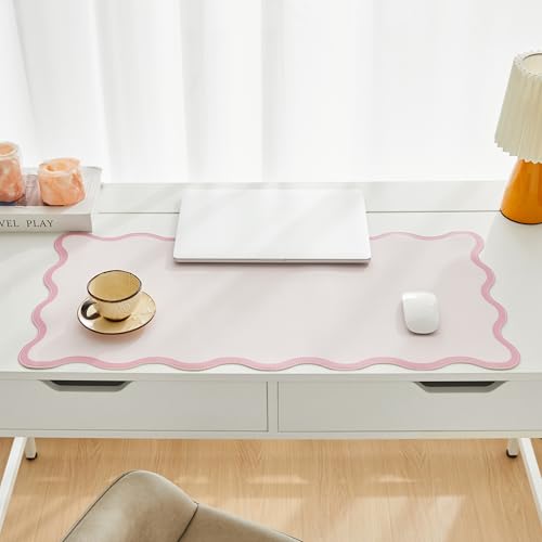 Pink Scalloped Desk Mat, 31.5" x 15.7", PU Leather, Waterproof Anti-Slip, Cute Aesthetic Desk Pad for Office/Home/Game/Vanity Large - color: Pink