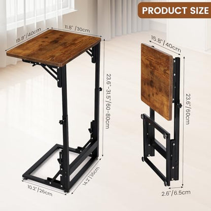 Folding Side Table, Adjustable C-Shaped End Table for Couch, Metal Frame TV Tray Table for Sofa Living Bedroom Bedside Coffee Small Spaces (Brown, 15.8" L x 11.8" W) - size: 15.8"L x 11.8"W