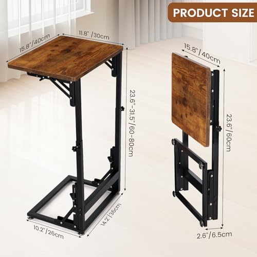 Folding Side Table, Adjustable C-Shaped End Table for Couch, Metal Frame TV Tray Table for Sofa Living Bedroom Bedside Coffee Small Spaces (Brown, 15.8" L x 11.8" W) - size: 15.8"L x 11.8"W