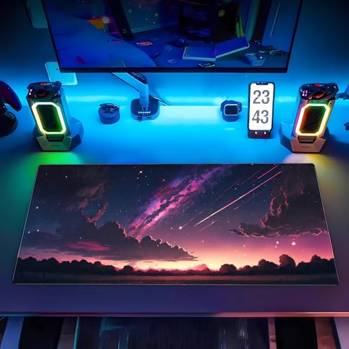 Anime Galaxy Desk Mat, Large Gaming Mouse Pad 31.5x15.7x0.12 in for Gamer | Thick 3mm comfort desk pad with vibrant anime starry night print, smooth fabric surface, and non-slip rubber backing. - color: Purple-sky