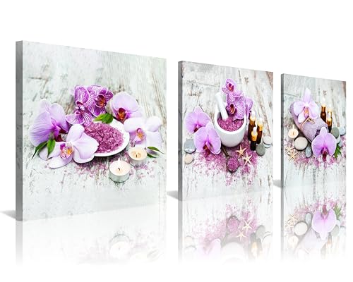NAN Wind 3Pcs Purple Zen Orchid Flowers Lavender Spa Canvas Prints Art Zen Floral Wall Art Aromatherapy Bath Salts Decor for Home Purple Ready to Hang Canvas Art for Relaxation Wellness Spaces - color: Spa&Orchid, size: 14X14inchX3pcs