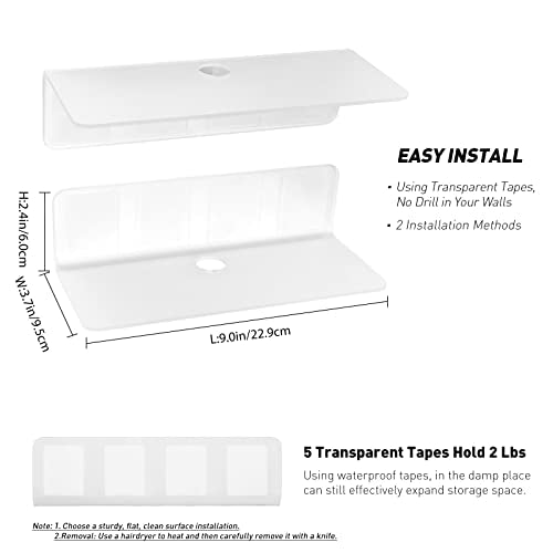 OAPRIRE Acrylic Floating Shelves Set of 2 - Damage Free Expand Wall Space - 9 Inch Adhesive Shelf for Bedroom, Bathroom, Kitchen, Shelves for Wall Decor with Cable Clips (Frosted) - color: Frosted