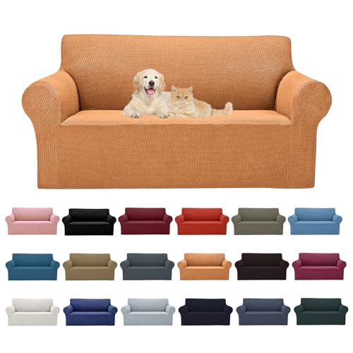 Cupuamon 2026 New Stretch Loveseat Sofa Slipcovers Couch Cover for 2 Cushion Furniture Protector Sofa Covers with Elastic Bottom Jacquard Fabric Small Checks for Pets, Kids - Golden - color: Golden, size: Loveseat