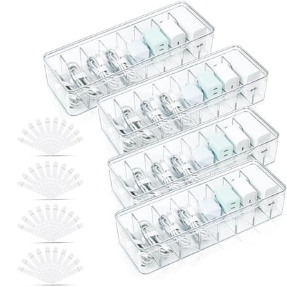4 Pack Cable Organizer Box with Lid, Clear Plastic Cord Storage Box for Home & Office, Includes 8 Dividers & 40 Cable Ties (27 x 9.5 x 6 cm)