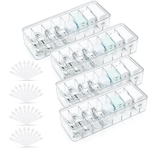 4 Pack Cable Organizer Box with Lid, Clear Plastic Cord Storage Box for Home & Office, Includes 8 Dividers & 40 Cable Ties (27 x 9.5 x 6 cm)