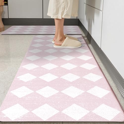 Pink Moroccan Trellis Checkered Kitchen Rug Sets [2 PCs], Anti-Fatigue, Waterproof Non-Slip Kitchen Mats Heavy Duty Ergonomic Comfort Foam Rug for Floor, Home, Laundry,17"x29"+17"x47" - color: Trellis-pink, size: 17.3"x29"+17.3"x47"-0.4"H