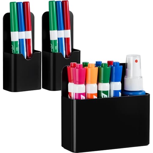 3 Pcs Magnetic Marker Holder for Whiteboard, Plastic Magnet Dry Erase Marker Holders for Fridge Refrigerator, Pen Pencil Cup Holder for School, Classroom Accessories, Locker Organizer-Balck - color: Black_3 Pcs