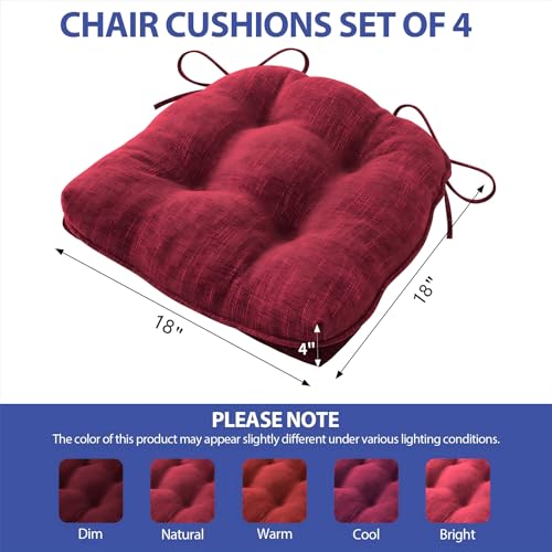 IPYNBAP Chair Cushions for Dining Chairs Set of 4, Red Kitchen Chair Cushions, Chair Pads with Ties and Non Slip Backing, Christmas Room Decor, Tufted Memory Foam Seat Cushion 4 Pack, 18"x18"x4" - color: Red, size: 18" x 18" x 4"