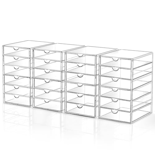Makeup Drawer Storage Organizer with 24 Drawers, 4 Set Acrylic Office Desk Organization and Storage, Dustproof Drawer Organizer for Makeup, Office, Countertop, Jewelry, Pen, Desktop, Bathroom, Bedroom - size: 24 Drawers