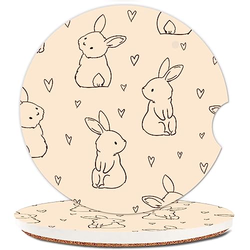 Absorbent Car Cupholder Coaster 2 Pack, Cute Car Coasters with a Finger Notch for Women & Men,2.56" Ceramic Stone & Non-Scratch Cork Base Drink Coasters, (Cute Rabbits) - color: Cute Rabbits