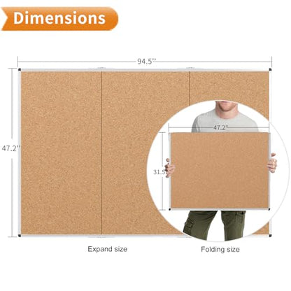 VIZ-PRO 96" x 48" Large Cork Bulletin Board, Foldable & Wall-Mounted Notice Pin Board with Silver Aluminum Frame, for School Home Office - 8' x 4' Corkboard - size: 96 X 48 Inches