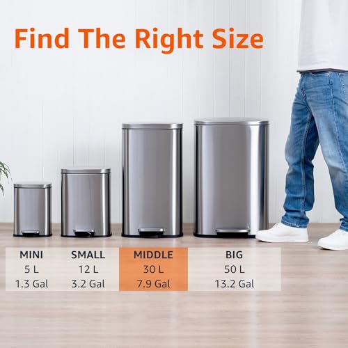 Amazon Basics MEDIUM Trash Can, 7.9 Gallon (30L), Smudge Resistant Rectangular Bin with Soft-Close Lid, Step Foot Pedal, Removable Inner Bucket, Brushed Stainless Steel, Satin Nickel Finish - size: Middle, 30L/7.9 Gal