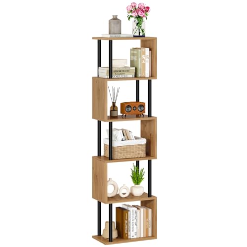 IBUYKE 6-Tier Tall Bookshelf,S-Shaped Geometric Bookcase, Wood Display Shelves with Storage,Modern Bookshelf for Living Room Bedroom, Home Office,Oak WBC016K - color: Oak, size: 6 Tier