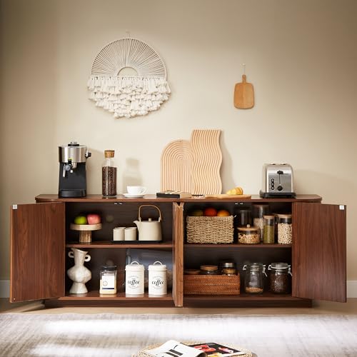 64" Modern TV Stand Sideboard Storage Cabinet, Wooden Curved TV Console with Sliding Doors, Wave Pattern Buffet Cabinet Wooden Vertical Striped Table for Kitchen/Bedroom/Entryway (Walnut) - color: Walnut