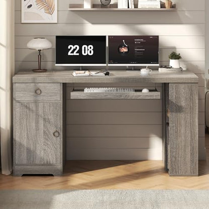 HSH 55" Office Computer Desk with Drawers, Farmhouse Grey Executive Desk with Storage Shelves and Cabinet, Modern Wooden Computer Table Teacher Desks with Keyboard Tray for Home Writing Work Study - color: Light Grey Oak