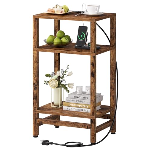 Creso hom Side Table with Fast Charging Station, 3 Tier End Table with Type C and USB Port, Small Bedside Tables for Small Space, End Tables for Living Room, Bedroom, Office, Rustic Brown - color: Rustic Brown, size: 15.7"D x 11.8"W x 28.1"H