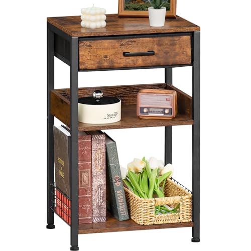 Lerliuo End Table with Fabric Drawer,3 Tier Industrial Wood Side Table with Storage,Modern Tall Printer Stand,Vintage Brown Nightstand,Rustic Bedside Tables for Living Room Bedroom Small Spaces - color: Brown