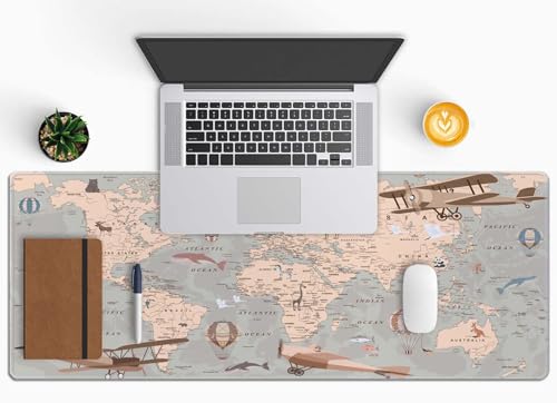 Mouse Pad Gaming, Large Mouse Pads, Non-Slip Rubber Base Mousepad, Keyboard Mouse Mat Desk Pad with Stitched Edges, 31.5x11.8 inch Retro World Map with Balloons and Animals - color: Retro World Map With Balloons and Animals