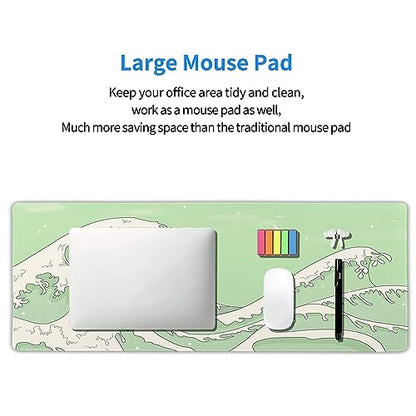 Matcha Green White Japanese Anime Gaming Mouse Pad XL Cute Kawaii Sage Aesthetic Wave Extended Large Desk Mat Non-Slip Rubber Base Stitched Edge Keyboard Mousepad for PC Office Laptop,31.5×11.8 in - color: Green Wave, size: X-Large