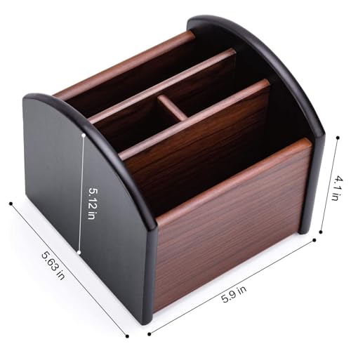 MaxGear Remote Control Holder Caddy, Wooden Desk Organizer, 4 Compartments | 360° Rotating Wooden Caddy; 4 Compartments for Remotes & Desk Supplies; Anti-Slip Base