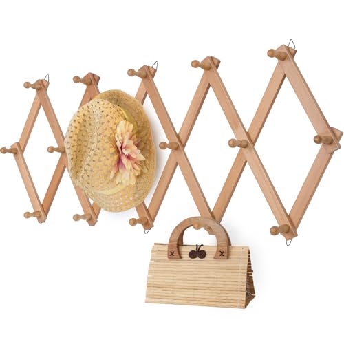 SCUNDA Wall Rack with 16 Hooks, Wooden Wall Expandable Coat Rack for Coat, Hats, Baseball Caps, Coffee Mug, Jewelry(Natural) - color: Natural, size: 16 Hooks