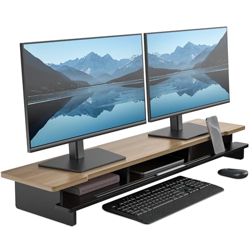 42.5” Monitor Stand Desk Shelf with Phone Tablet Holder Black | desk organizer for 55"–72" desk computer setup ergonomic relief easy assembly excellent stability keyboard storage Wood