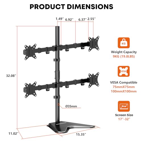 Quad Monitor Stand, Fully Adjustable Stacked 4 Screen Desk Mount for 17 to 32 Inch Computer Screens,Hold up to 19.8lbs Each,Black - size: Quad Arms