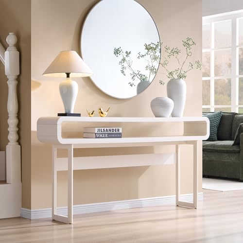 IFGET 63-Inch Long Console Table, 31.5" Tall Modern Entryway Table with Open Storage Shelf, Curved Profile Design, Narrow Wood Sofa Table Behind Couch Table for Living Room, Hallway, Foyer, White - color: White
