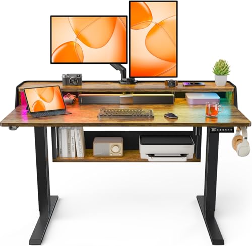 ErGear Electric Standing Desk, 48x24 Inch Adjustable Sit Stand Desk with Bookshelf & Monitor Stand, Standing Gaming Desk with LED Light Strip, Stand Up Desk for Home Office, Vintage Brown - color: Vintage Brown, size: 48*24 Inch with shelf