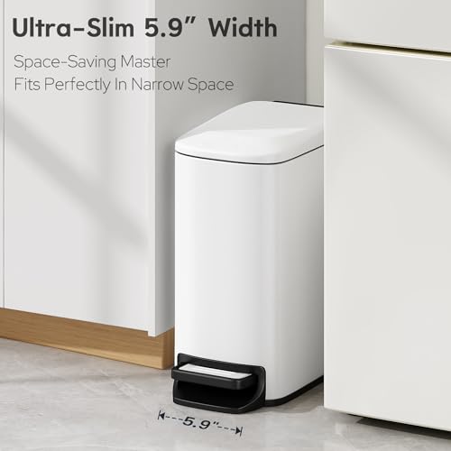 TIPGO Slim Bathroom Trash Can with Lid Soft Close, Step Pedal, 6 Liter / 1.6 Gallon Stainless Steel Garbage Can with Removable Inner Bucket, Anti-Fingerprint Finish (White) - color: White