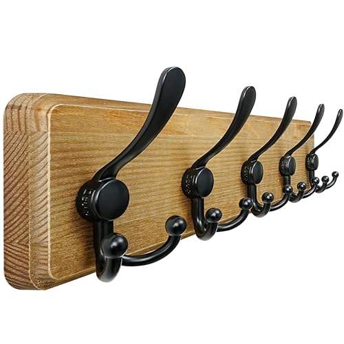 Dseap Coat Rack Wall Mount - Heavy-Duty Robust Barnwood-Style Wooden Wall Coat Hanger Hook Rail with 5 Triple Hooks for Winter Coats Hat Jacket Clothing, Weathered Brown & Black - color: Weathered Brown & Black, size: L=17.4"
