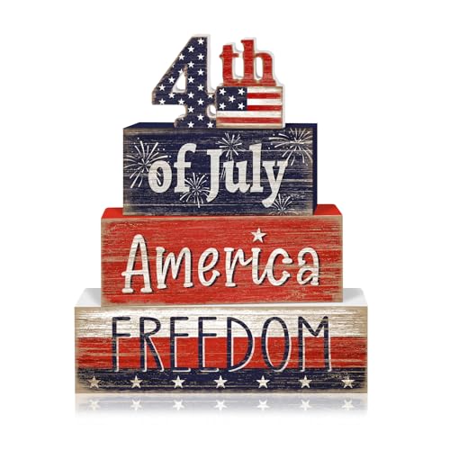 Britimes 4 Pcs 4th of July Decor Patriotic Tiered Tray Decorations Set, Memorial Day Table Sign Farmhouse Red White Blue Rustic Wooden Block Stack Sign for Home Fireplace Mantel (4th of July) - style: 4th of July