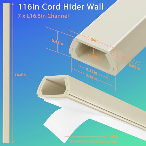 Wall Cable Hider Kit, 116in TV Wire Hider for Wall, Paintable Cord Hider Wall, Cord Organizer Hide 1-2 Cords Wall Mounted TV, Wire Cover for Wall, Cord Concealer 7XL16.5 W0.86 H0.43in, Beige - color: Beige, size: Small-116in