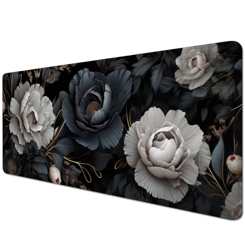 Black and White Mouse Pad,Floral Mouse Pad Desk Mat,Large Mousepad Aesthetic Mouse Pads Desk pad - Non-Slip Stitched Edges & Rubber Base for Office, Gaming Room, Computer, Laptop - color: black and white&floral