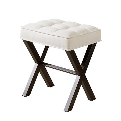 Royal Windsor Vanity Stool,Square Ottoman Stool Foot Rest,Upholstered Vanity Chair Foot Stool with Metal X Legs, Small Vanity Seat for Entryway,Bedroom and Living Room,Linen White - color: 12.6"d White+black
