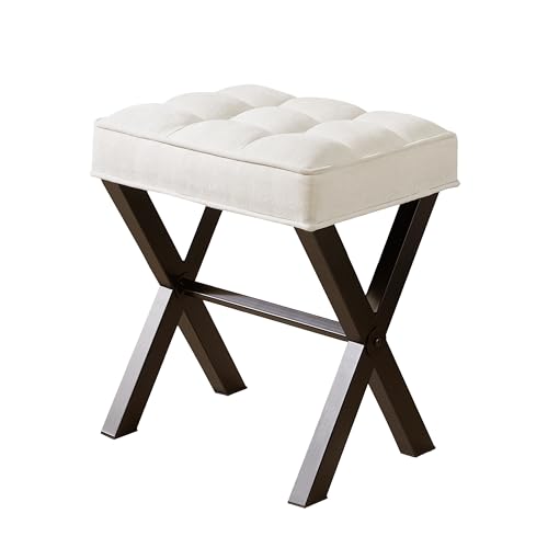 Royal Windsor Vanity Stool,Square Ottoman Stool Foot Rest,Upholstered Vanity Chair Foot Stool with Metal X Legs, Small Vanity Seat for Entryway,Bedroom and Living Room,Linen White - color: 12.6"d White+black