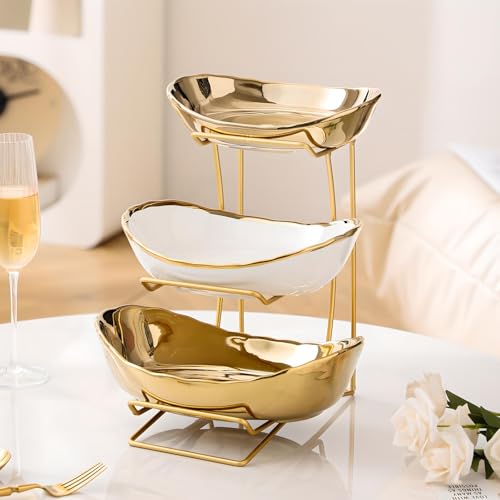 Gold Silver Fruit Bowl with Metal Stand, 3 Tier Ceramic White Fruit Bowl Fruit Rack for Kitchen Counter, Tiered Fruit Basket for Snacks Bread Candy Storage (Gold (Smooth Surface)) - color: Gold (Smooth Surface)