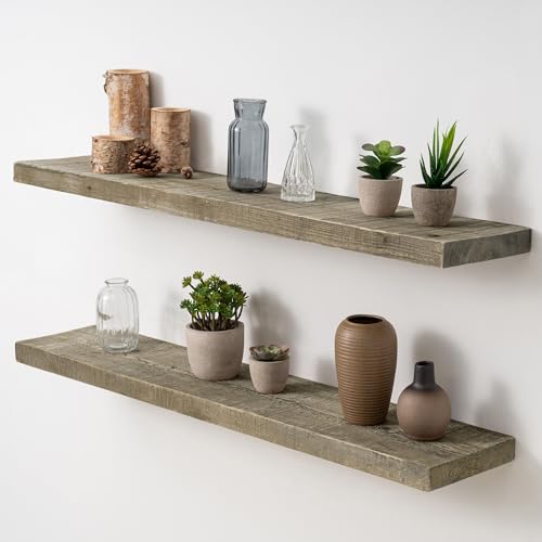 Acovy 36" Unfinished Solid Reclaimed Wood Floating Shelves, Rustic Heavy-Duty Wall Shelves, 8" Deep Floating Shelf for Living Room, Bathroom, Bedroom and Kitchen, Set of 2, Grey - color: Cement Grey, size: 36inches-2p