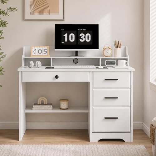 MaverickFurni White Desk with Drawers, Small Computer Desk with Drawers for Writing Study, Office Desk with File Drawer and Monitor Stand for Bedroom, Small Spaces - color: White