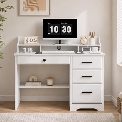 MaverickFurni White Desk with Drawers, Small Computer Desk with Drawers for Writing Study, Office Desk with File Drawer and Monitor Stand for Bedroom, Small Spaces - color: White