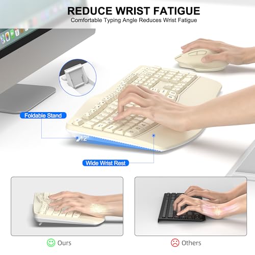 Wireless Keyboard and Mouse Combo, Ergonomic Wave Keys (Latte) | 2.4G Full Size Wave Keyboard with Wrist Rest, 3-Level DPI Adjustable Ergonomic Mouse for Windows and Mac OS Desktop/Laptop/PC - color: Latte