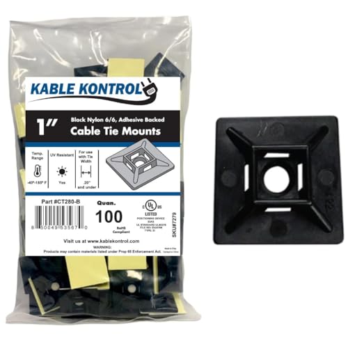 Kable Kontrol Zip Tie Mounts, 1” Sq, Black, 100 Pcs, Adhesive Backed Multi-Purpose UV-Resistant Mounting Squares Nylon Cable Tie Wrap Anchor Pads for Cable Management - color: Black, size: 1" Inch Square - 100 Pcs
