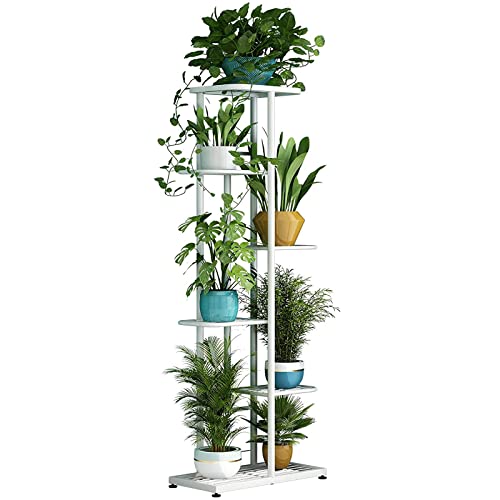 LINZINAR Plant Stand Metal 6 Tier 7 Potted Multiple Flower Pot Holder Shelf Indoor Outdoor Planter Display Shelving Unit for Patio Garden Corner Balcony Living Room (6 Tier 7 Potted, White) - color: White, size: 6 Tier-7 Potted