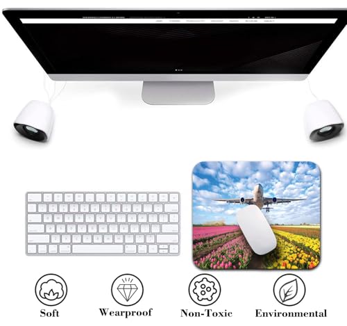 Airplane Flying Over Garden Mouse Pad, Spring Tulip Field Nature Desk Mat | Flowers Scenery Landscape, Anti-Slip Rubber Base, Silky Smooth Surface, Cute Office/Gaming Mousepad - color: Color_CNa