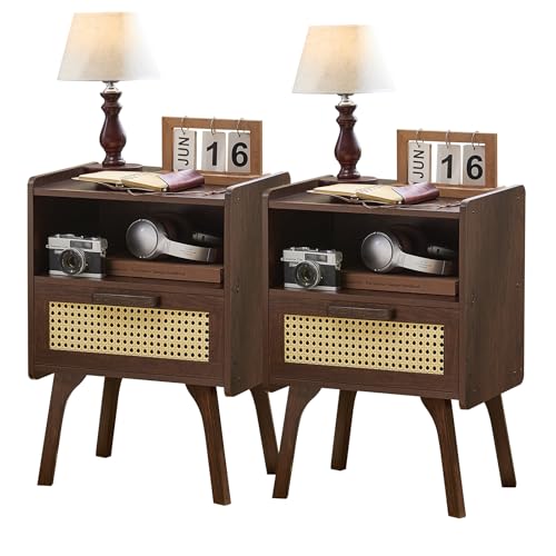 Lerliuo Rattan Nightstands Set of 2, Bedside Table with Drawer Open Shelf, Cane Accent Side End Table with Solid Wood Legs, Walnut Vintage Night Stand for Bedroom, Dorm and Small Spaces - color: Walnut, size: 2 pack
