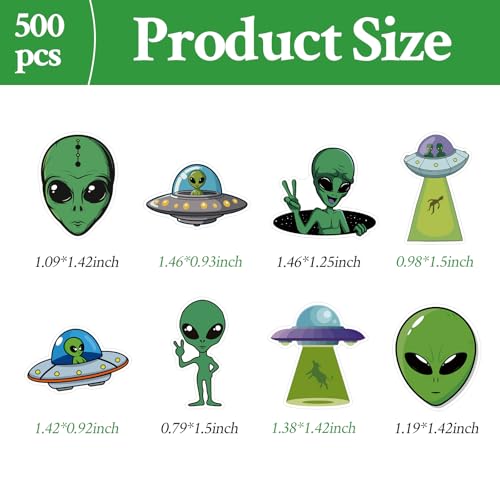 500 Pcs Alien Stickers Roll Cartoon Green UFO Self Adhesive Waterproof Vinyl Decals for Birthday Party Decorations Supplies Favors Scrapbook Envelope Seals DIY Craft Funny Reward - color: Alien Stickers Roll