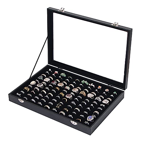 Ring Holder Organizer Box, Jewelry Display Case, Earring Necklace Storage Tray With Top Glass Lid (Black, 100 Slots) - color: Black, size: 100 Slots Ring
