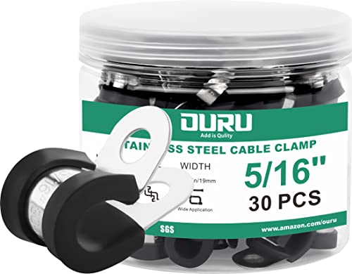 OURU 30pcs 5/16 Inch Stainless Steel Cable Clamps,Rubber Coated Cushioned Insulated Cable Clamp,Automotive Cable Wire Clamps,Pipe Clamps,Metal Clamp for Tube,Lines,Wire Cord Installation(Black,8mm) - size: 30pcs - 5/16"
